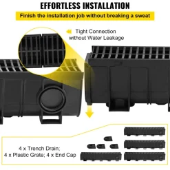 VEVOR Trench Drain System, Channel Drain with Plastic Grate, 5.9x7.5-Inch HDPE Drainage Trench, Black Plastic Garage Floor Drain, 4x39 Trench Drain Grate, with 4 End Caps, for Garden, Driveway-4 Pack