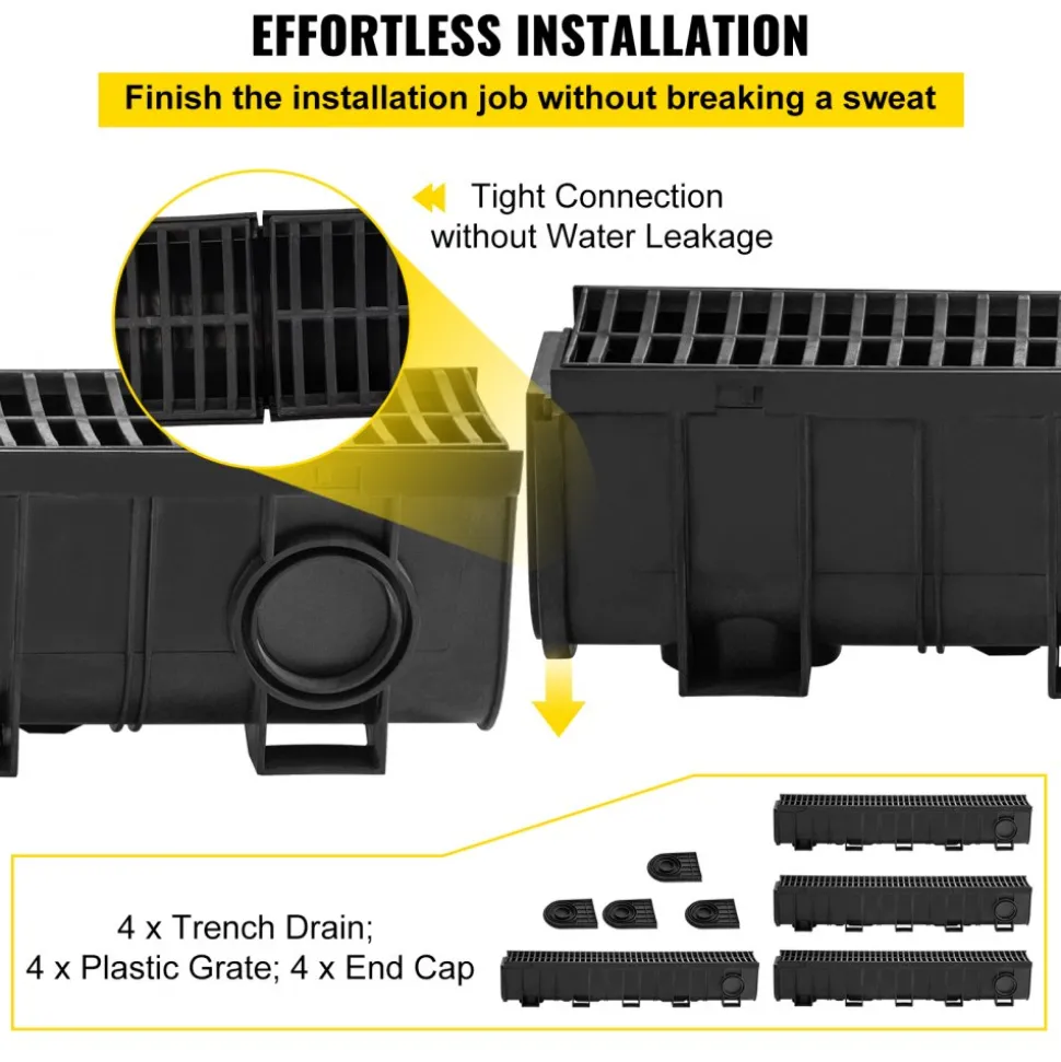 VEVOR Trench Drain System, Channel Drain with Plastic Grate, 5.9x7.5-Inch HDPE Drainage Trench, Black Plastic Garage Floor Drain, 4x39 Trench Drain Grate, with 4 End Caps, for Garden, Driveway-4 Pack