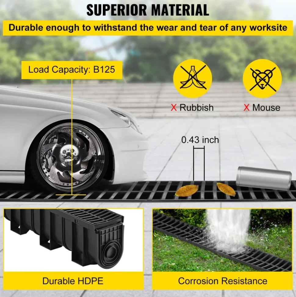 VEVOR Trench Drain System, Channel Drain with Plastic Grate, 5.9x7.5-Inch HDPE Drainage Trench, Black Plastic Garage Floor Drain, 4x39 Trench Drain Grate, with 4 End Caps, for Garden, Driveway-4 Pack