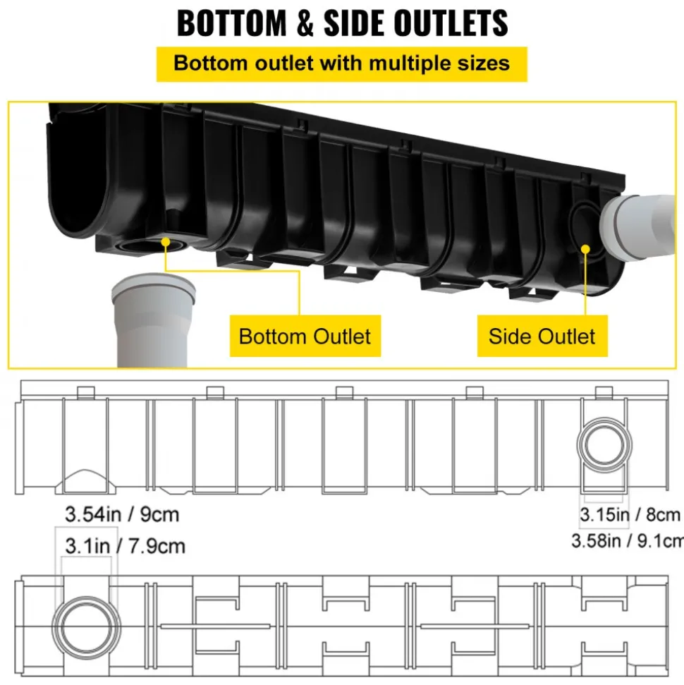 VEVOR Trench Drain System, Channel Drain with Plastic Grate, 5.9x7.5-Inch HDPE Drainage Trench, Black Plastic Garage Floor Drain, 4x39 Trench Drain Grate, with 4 End Caps, for Garden, Driveway-4 Pack