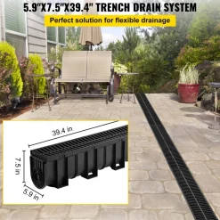 VEVOR Trench Drain System, Channel Drain with Plastic Grate, 5.9x7.5-Inch HDPE Drainage Trench, Black Plastic Garage Floor Drain, 4x39 Trench Drain Grate, with 4 End Caps, for Garden, Driveway-4 Pack