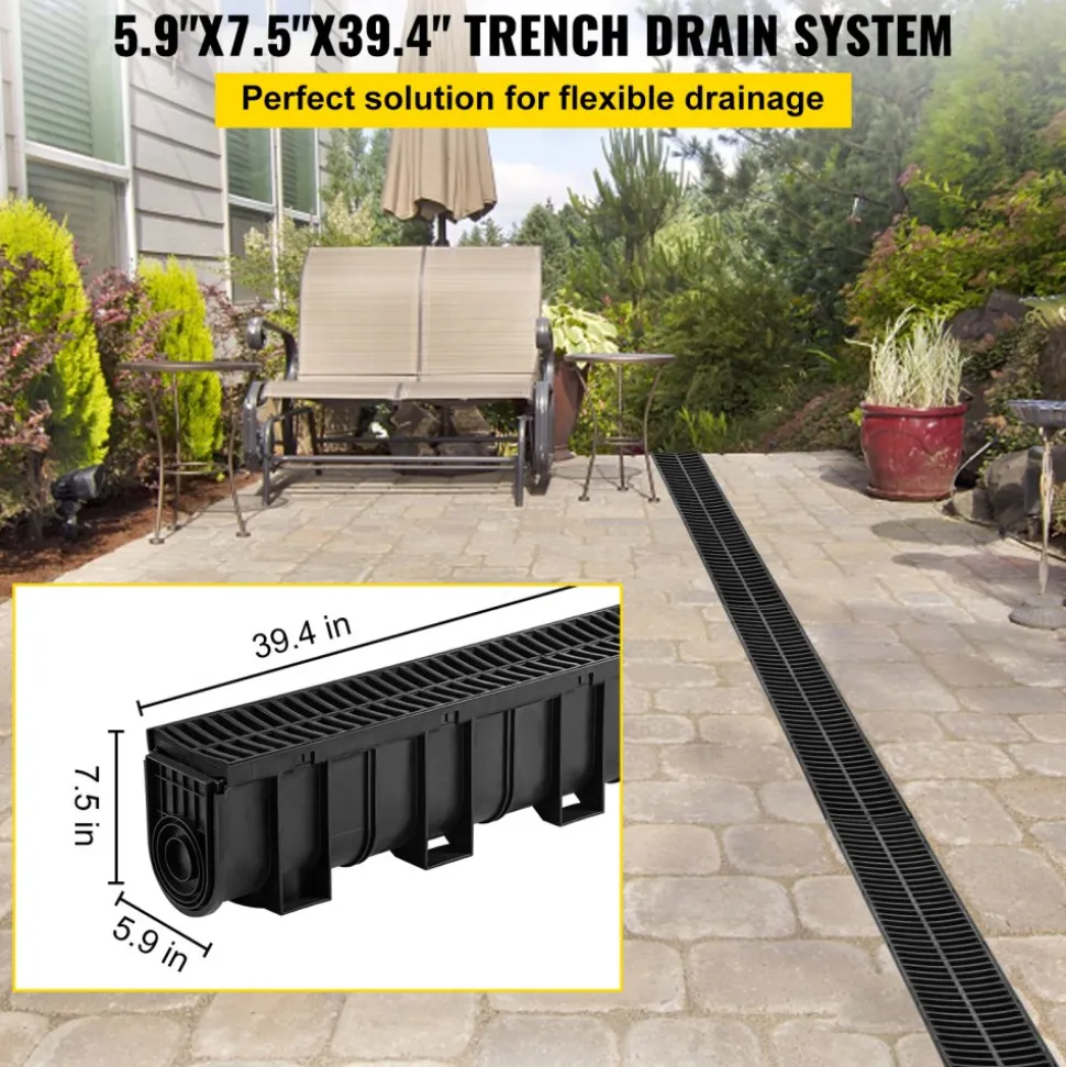 VEVOR Trench Drain System, Channel Drain with Plastic Grate, 5.9x7.5-Inch HDPE Drainage Trench, Black Plastic Garage Floor Drain, 4x39 Trench Drain Grate, with 4 End Caps, for Garden, Driveway-4 Pack