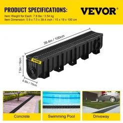 VEVOR Trench Drain System, Channel Drain with Plastic Grate, 5.9x7.5-Inch HDPE Drainage Trench, Black Plastic Garage Floor Drain, 4x39 Trench Drain Grate, with 4 End Caps, for Garden, Driveway-4 Pack
