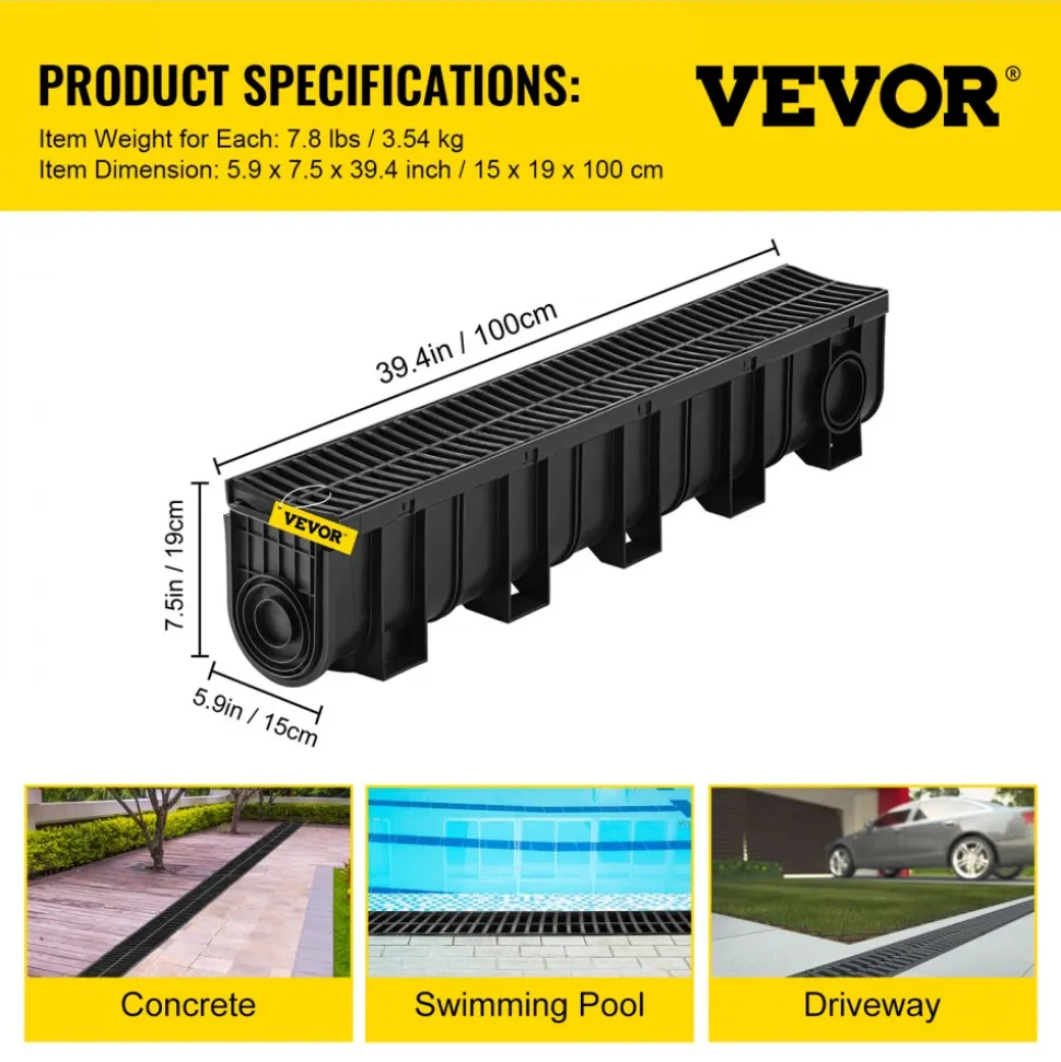 VEVOR Trench Drain System, Channel Drain with Plastic Grate, 5.9x7.5-Inch HDPE Drainage Trench, Black Plastic Garage Floor Drain, 4x39 Trench Drain Grate, with 4 End Caps, for Garden, Driveway-4 Pack