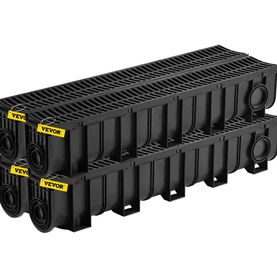 VEVOR Trench Drain System, Channel Drain with Plastic Grate, 5.9x7.5-Inch HDPE Drainage Trench, Black Plastic Garage Floor Drain, 4x39 Trench Drain Grate, with 4 End Caps, for Garden, Driveway-4 Pack