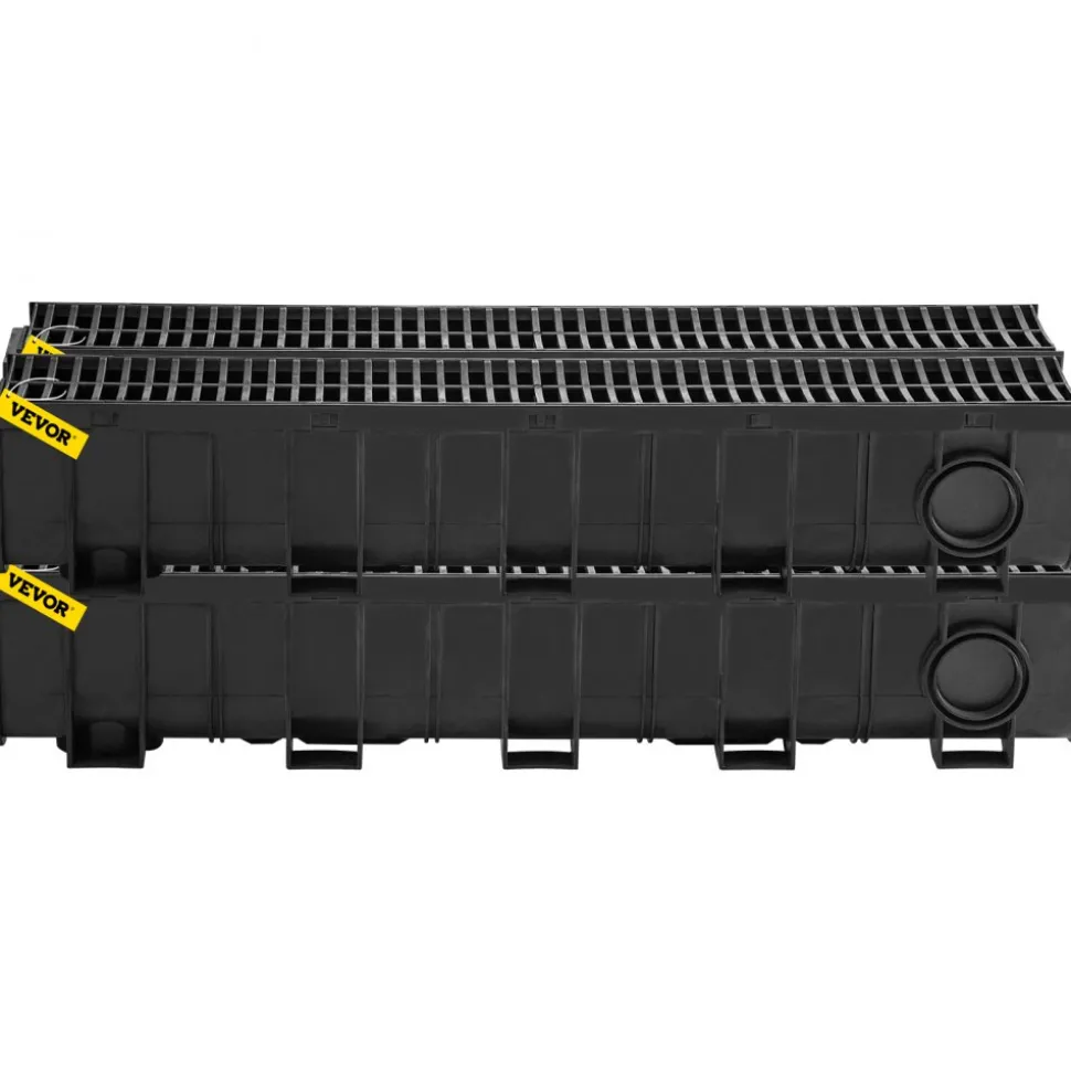 VEVOR Trench Drain System, Channel Drain with Plastic Grate, 5.9x7.5-Inch HDPE Drainage Trench, Black Plastic Garage Floor Drain, 4x39 Trench Drain Grate, with 4 End Caps, for Garden, Driveway-4 Pack