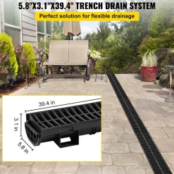 VEVOR Trench Drain System, Channel Drain with Plastic Grate, 5.8x3.1-Inch HDPE Drainage Trench, Black Plastic Garage Floor Drain, 6x39 Trench Drain Grate, with 6 End Caps, for Garden, Driveway-6 Pack