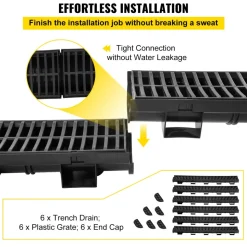 VEVOR Trench Drain System, Channel Drain with Plastic Grate, 5.8x3.1-Inch HDPE Drainage Trench, Black Plastic Garage Floor Drain, 6x39 Trench Drain Grate, with 6 End Caps, for Garden, Driveway-6 Pack