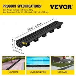 VEVOR Trench Drain System, Channel Drain with Plastic Grate, 5.8x3.1-Inch HDPE Drainage Trench, Black Plastic Garage Floor Drain, 6x39 Trench Drain Grate, with 6 End Caps, for Garden, Driveway-6 Pack