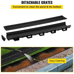 VEVOR Trench Drain System, Channel Drain with Plastic Grate, 5.8x3.1-Inch HDPE Drainage Trench, Black Plastic Garage Floor Drain, 6x39 Trench Drain Grate, with 6 End Caps, for Garden, Driveway-6 Pack