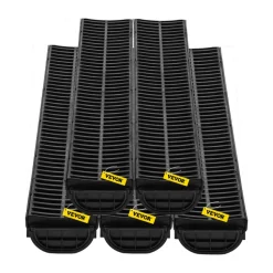 VEVOR Trench Drain System, Channel Drain with Plastic Grate, 5.7x3.1-Inch HDPE Drainage Trench, Black Plastic Garage Floor Drain, 5x39 Trench Drain Grate, with 5 End Caps, for Garden, Driveway-5 Pack