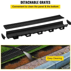 VEVOR Trench Drain System, Channel Drain with Plastic Grate, 5.7x3.1-Inch HDPE Drainage Trench, Black Plastic Garage Floor Drain, 5x39 Trench Drain Grate, with 5 End Caps, for Garden, Driveway-5 Pack