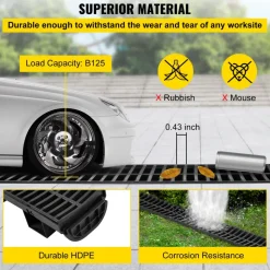 VEVOR Trench Drain System, Channel Drain with Plastic Grate, 5.7x3.1-Inch HDPE Drainage Trench, Black Plastic Garage Floor Drain, 5x39 Trench Drain Grate, with 5 End Caps, for Garden, Driveway-5 Pack