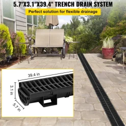 VEVOR Trench Drain System, Channel Drain with Plastic Grate, 5.7x3.1-Inch HDPE Drainage Trench, Black Plastic Garage Floor Drain, 3x39 Trench Drain Grate, with 3 End Caps, for Garden, Driveway-3 Pack