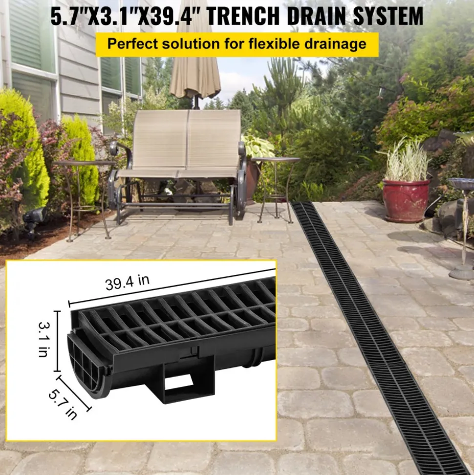 VEVOR Trench Drain System, Channel Drain with Plastic Grate, 5.7x3.1-Inch HDPE Drainage Trench, Black Plastic Garage Floor Drain, 3x39 Trench Drain Grate, with 3 End Caps, for Garden, Driveway-3 Pack