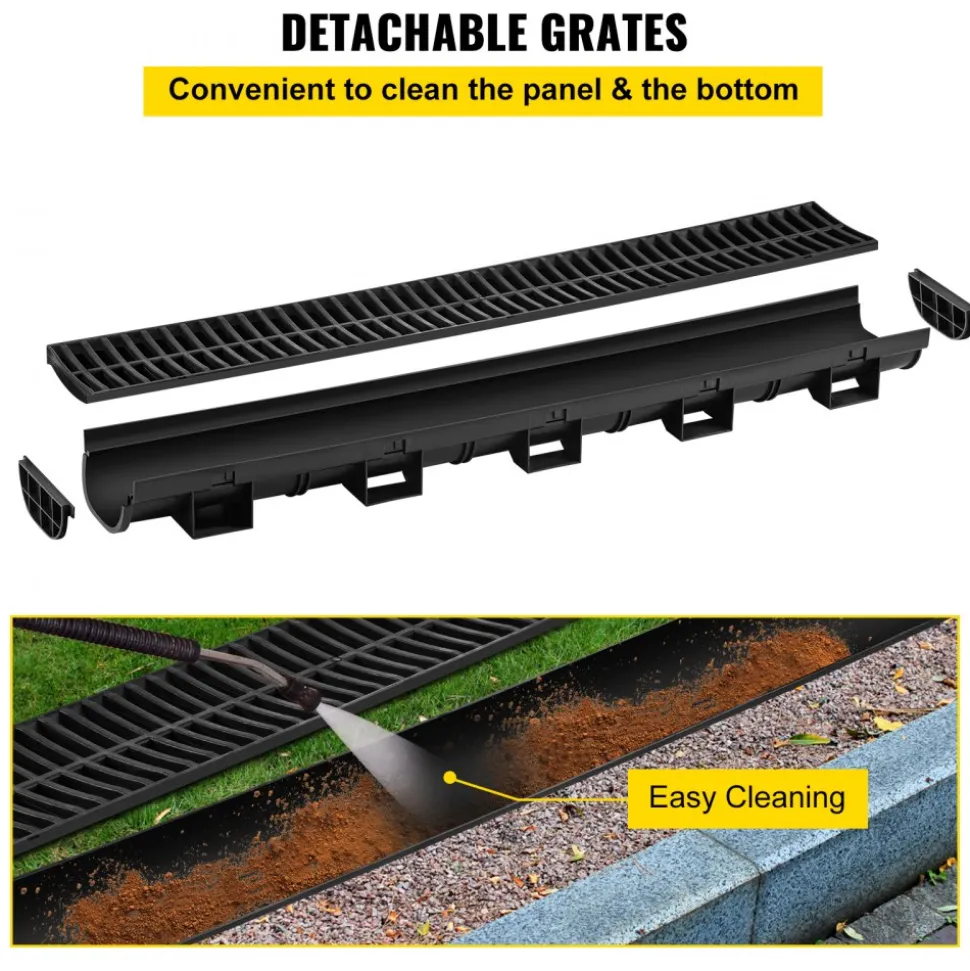 VEVOR Trench Drain System, Channel Drain with Plastic Grate, 5.7x3.1-Inch HDPE Drainage Trench, Black Plastic Garage Floor Drain, 3x39 Trench Drain Grate, with 3 End Caps, for Garden, Driveway-3 Pack