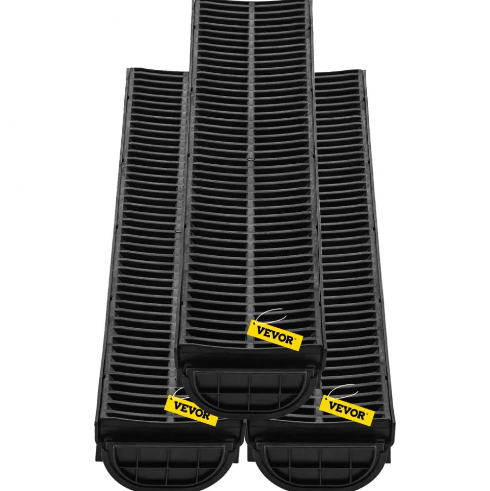 VEVOR Trench Drain System, Channel Drain with Plastic Grate, 5.7x3.1-Inch HDPE Drainage Trench, Black Plastic Garage Floor Drain, 3x39 Trench Drain Grate, with 3 End Caps, for Garden, Driveway-3 Pack