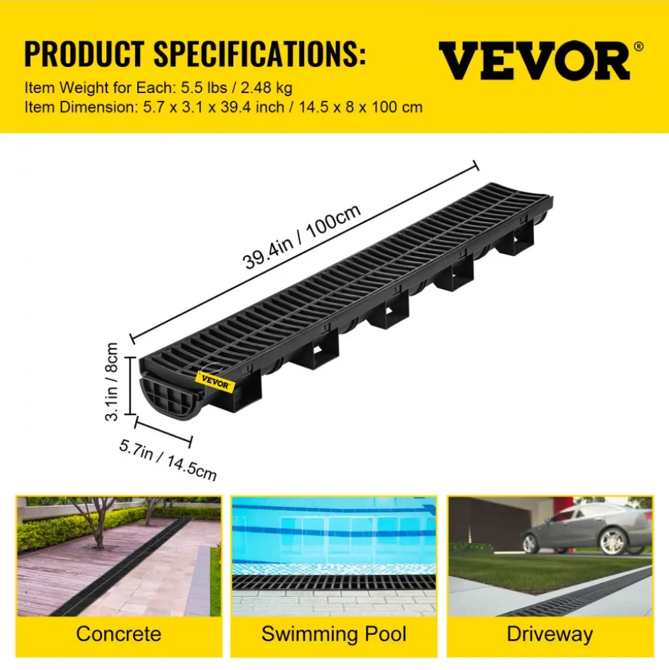 VEVOR Trench Drain System, Channel Drain with Plastic Grate, 5.7x3.1-Inch HDPE Drainage Trench, Black Plastic Garage Floor Drain, 3x39 Trench Drain Grate, with 3 End Caps, for Garden, Driveway-3 Pack