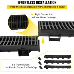 VEVOR Trench Drain System, Channel Drain with Plastic Grate, 5.7x3.1-Inch HDPE Drainage Trench, Black Plastic Garage Floor Drain, 3x39 Trench Drain Grate, with 3 End Caps, for Garden, Driveway-3 Pack