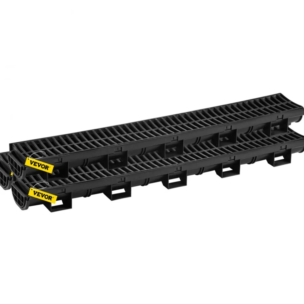 VEVOR Trench Drain System, Channel Drain with Plastic Grate, 5.7x3.1-Inch HDPE Drainage Trench, Black Plastic Garage Floor Drain, 3x39 Trench Drain Grate, with 3 End Caps, for Garden, Driveway-3 Pack
