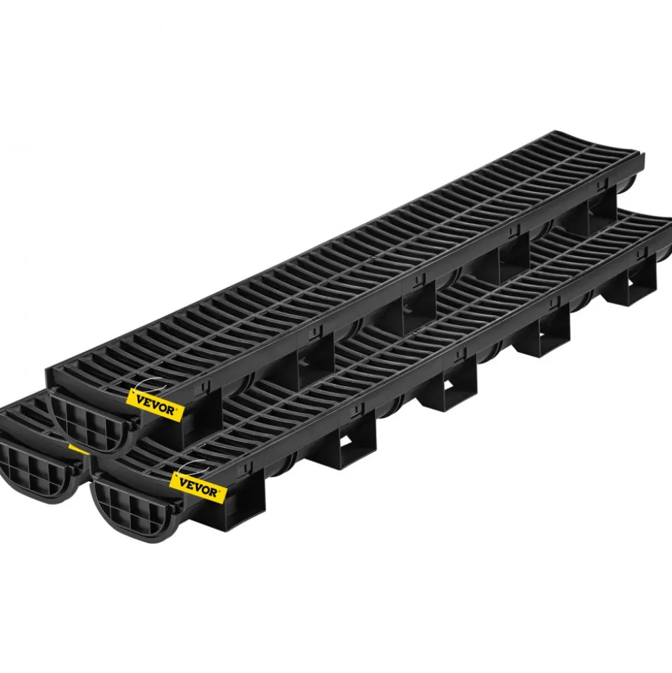 VEVOR Trench Drain System, Channel Drain with Plastic Grate, 5.7x3.1-Inch HDPE Drainage Trench, Black Plastic Garage Floor Drain, 3x39 Trench Drain Grate, with 3 End Caps, for Garden, Driveway-3 Pack