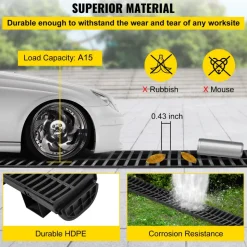 VEVOR Trench Drain System, Channel Drain with Plastic Grate, 5.7x3.1-Inch HDPE Drainage Trench, Black Plastic Garage Floor Drain, 3x39 Trench Drain Grate, with 3 End Caps, for Garden, Driveway-3 Pack
