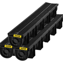VEVOR Trench Drain System,5.8x5.2x39.4-Inch HDPE Drainage Trench,Channel Drain with Plastic Grate,Black Plastic Garage Floor Drain,3x39 Trench Drain Grate,with 3 End Caps, for Garden, Driveway-3 Pack