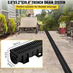 VEVOR Trench Drain System,5.8x5.2x39.4-Inch HDPE Drainage Trench,Channel Drain with Plastic Grate,Black Plastic Garage Floor Drain,3x39 Trench Drain Grate,with 3 End Caps, for Garden, Driveway-3 Pack