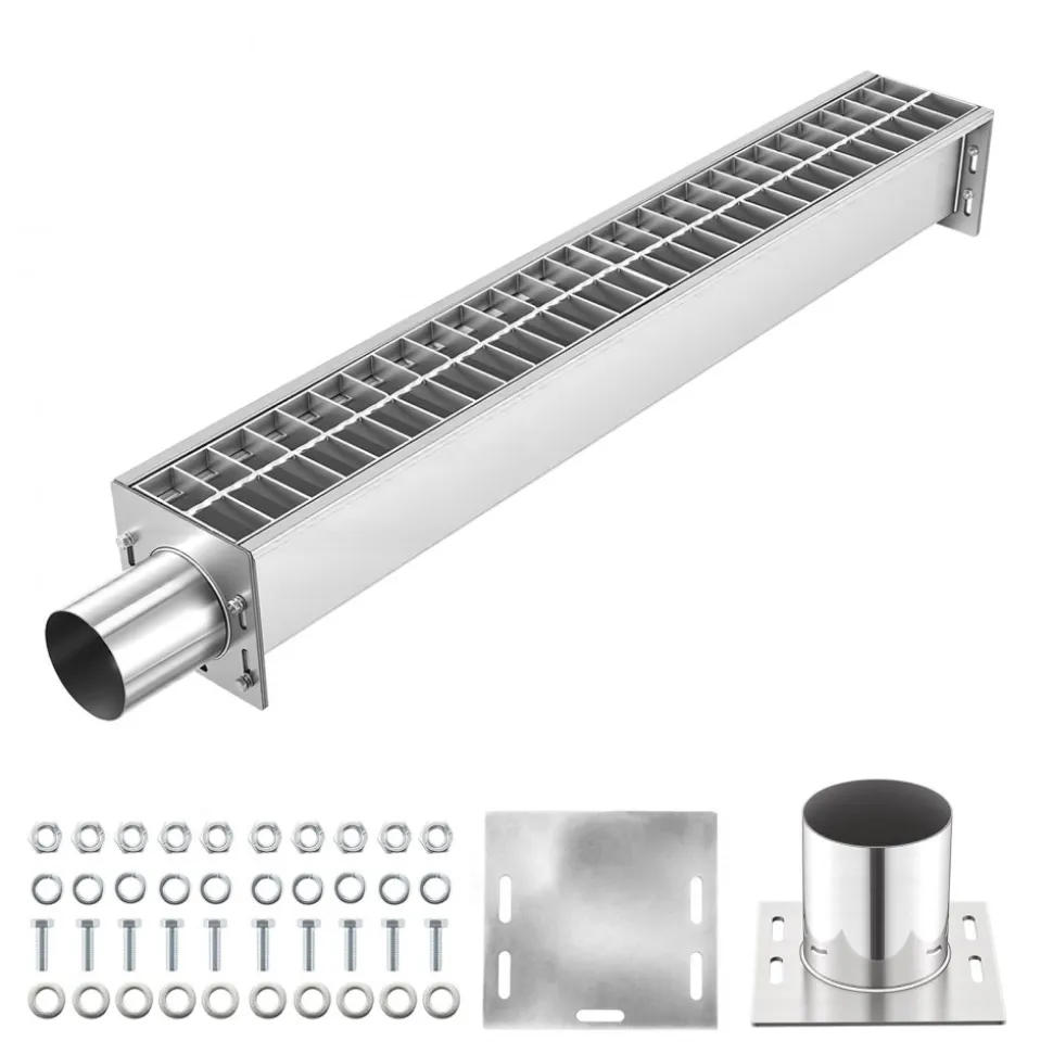 VEVOR Trench Drain, 43.3 x 5.8 x 5.5 in, Linear Drainage Channel with Carbon Steel Grate, 304 Stainless Steel Channel Drain, Premium Outdoor Drainage System for Driveway, Patio, Pool, Garden, Silver