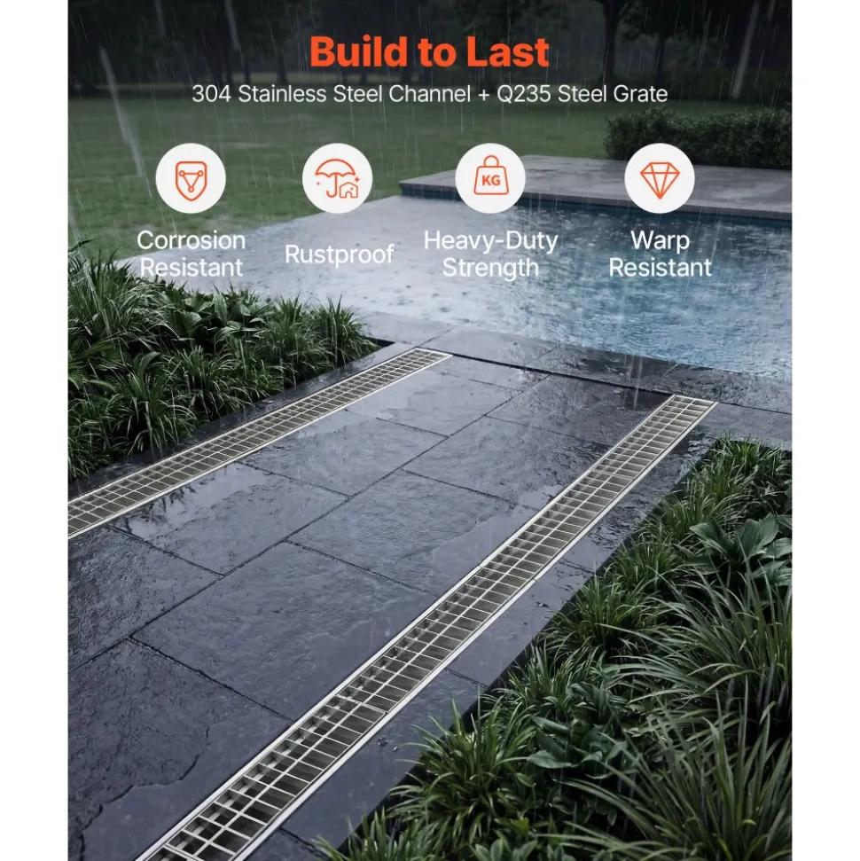 VEVOR Trench Drain, 43.3 x 5.8 x 5.5 in, Linear Drainage Channel with Carbon Steel Grate, 304 Stainless Steel Channel Drain, Premium Outdoor Drainage System for Driveway, Patio, Pool, Garden, Silver