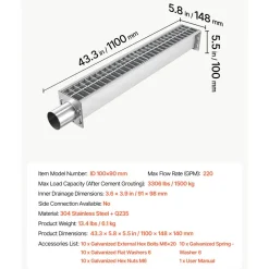 VEVOR Trench Drain, 43.3 x 5.8 x 5.5 in, Linear Drainage Channel with Carbon Steel Grate, 304 Stainless Steel Channel Drain, Premium Outdoor Drainage System for Driveway, Patio, Pool, Garden, Silver