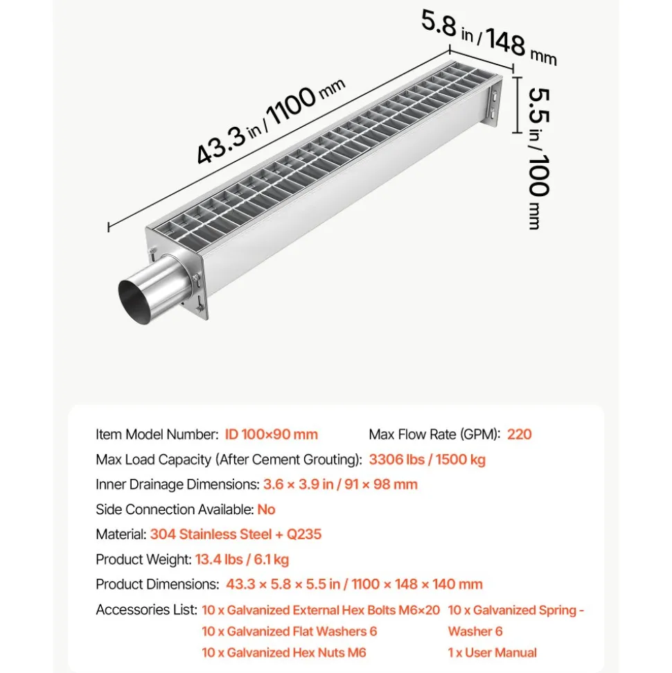 VEVOR Trench Drain, 43.3 x 5.8 x 5.5 in, Linear Drainage Channel with Carbon Steel Grate, 304 Stainless Steel Channel Drain, Premium Outdoor Drainage System for Driveway, Patio, Pool, Garden, Silver