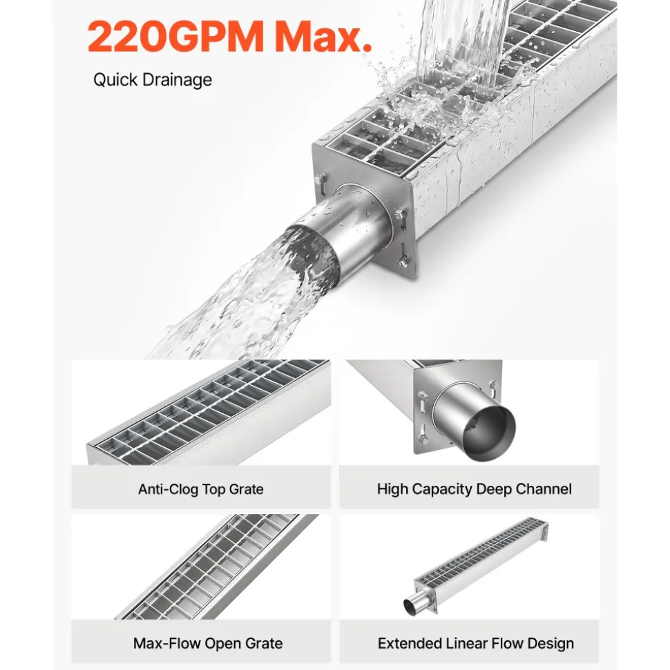 VEVOR Trench Drain, 43.3 x 5.8 x 5.5 in, Linear Drainage Channel with Carbon Steel Grate, 304 Stainless Steel Channel Drain, Premium Outdoor Drainage System for Driveway, Patio, Pool, Garden, Silver
