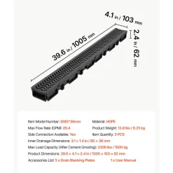 VEVOR Trench Drain, 39.6 x 4.1 x 2.4 in, 5 Pack Linear Drainage Channel, HDPE Channel Drain with Grates & End Caps, Premium Outdoor Drainage System for Driveway, Patio, Pool, Garden, Yard, Black