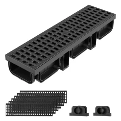 VEVOR Trench Drain, 20.1 x 5.5 x 3.5 in, 6 Pack Linear Drainage Channel, HDPE Channel Drain with Grates & End Caps, Premium Outdoor Drainage System for Driveway, Patio, Pool, Garden, Yard, Black