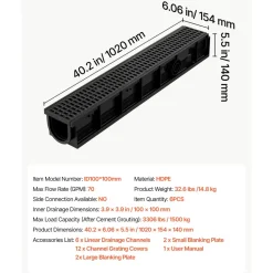 VEVOR Trench Drain, 39.7 x 5.8 x 7.4 in, 3 Pack Linear Drainage Channel with Stainless Steel Grate, HDPE Channel Drain, Outdoor Drainage System for Driveway, Patio, Pool, Garden, Black & Silver
