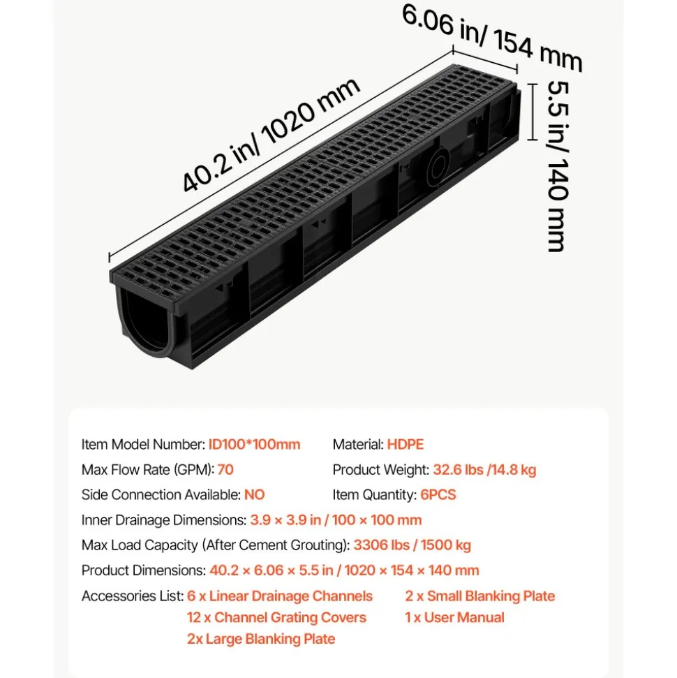 VEVOR Trench Drain, 40.2 x 6.6 x 5.5 in, 6 Pack Linear Drainage Channel, HDPE Channel Drain with Grates & End Caps, Premium Outdoor Drainage System for Driveway, Patio, Pool, Garden, Yard, Black