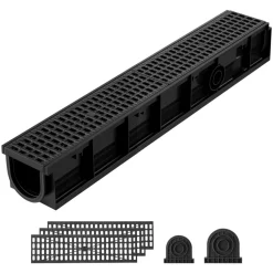 VEVOR Trench Drain, 40.2 x 6.6 x 5.5 in, 6 Pack Linear Drainage Channel, HDPE Channel Drain with Grates & End Caps, Premium Outdoor Drainage System for Driveway, Patio, Pool, Garden, Yard, Black