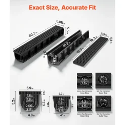 VEVOR Trench Drain, 40.2 x 6.6 x 5.5 in, 6 Pack Linear Drainage Channel, HDPE Channel Drain with Grates & End Caps, Premium Outdoor Drainage System for Driveway, Patio, Pool, Garden, Yard, Black