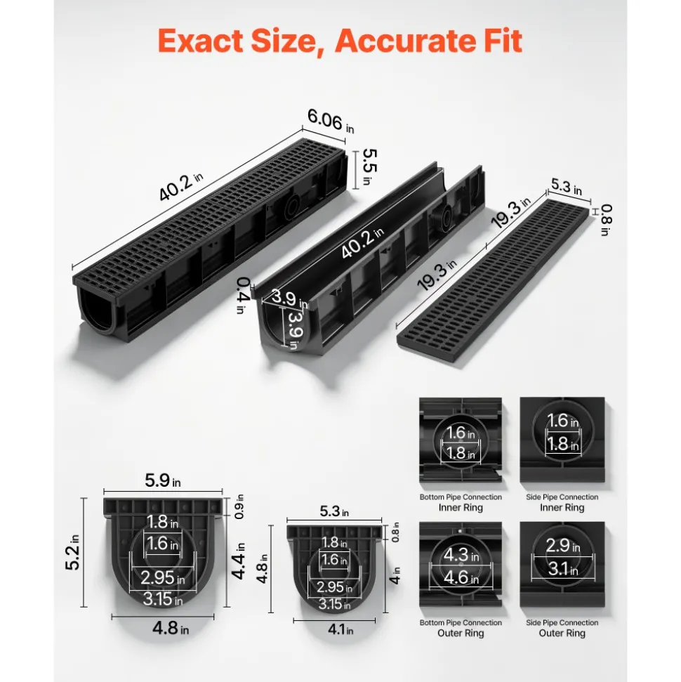 VEVOR Trench Drain, 40.2 x 6.6 x 5.5 in, 6 Pack Linear Drainage Channel, HDPE Channel Drain with Grates & End Caps, Premium Outdoor Drainage System for Driveway, Patio, Pool, Garden, Yard, Black