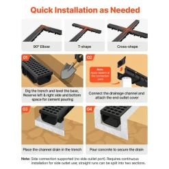 VEVOR Trench Drain, 20.1 x 5.5 x 3.5 in, 12 Pack Linear Drainage Channel, HDPE Channel Drain with Grates & End Caps, Premium Outdoor Drainage System for Driveway, Patio, Pool, Garden, Yard, Black