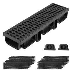VEVOR Trench Drain, 20.1 x 5.5 x 3.5 in, 12 Pack Linear Drainage Channel, HDPE Channel Drain with Grates & End Caps, Premium Outdoor Drainage System for Driveway, Patio, Pool, Garden, Yard, Black