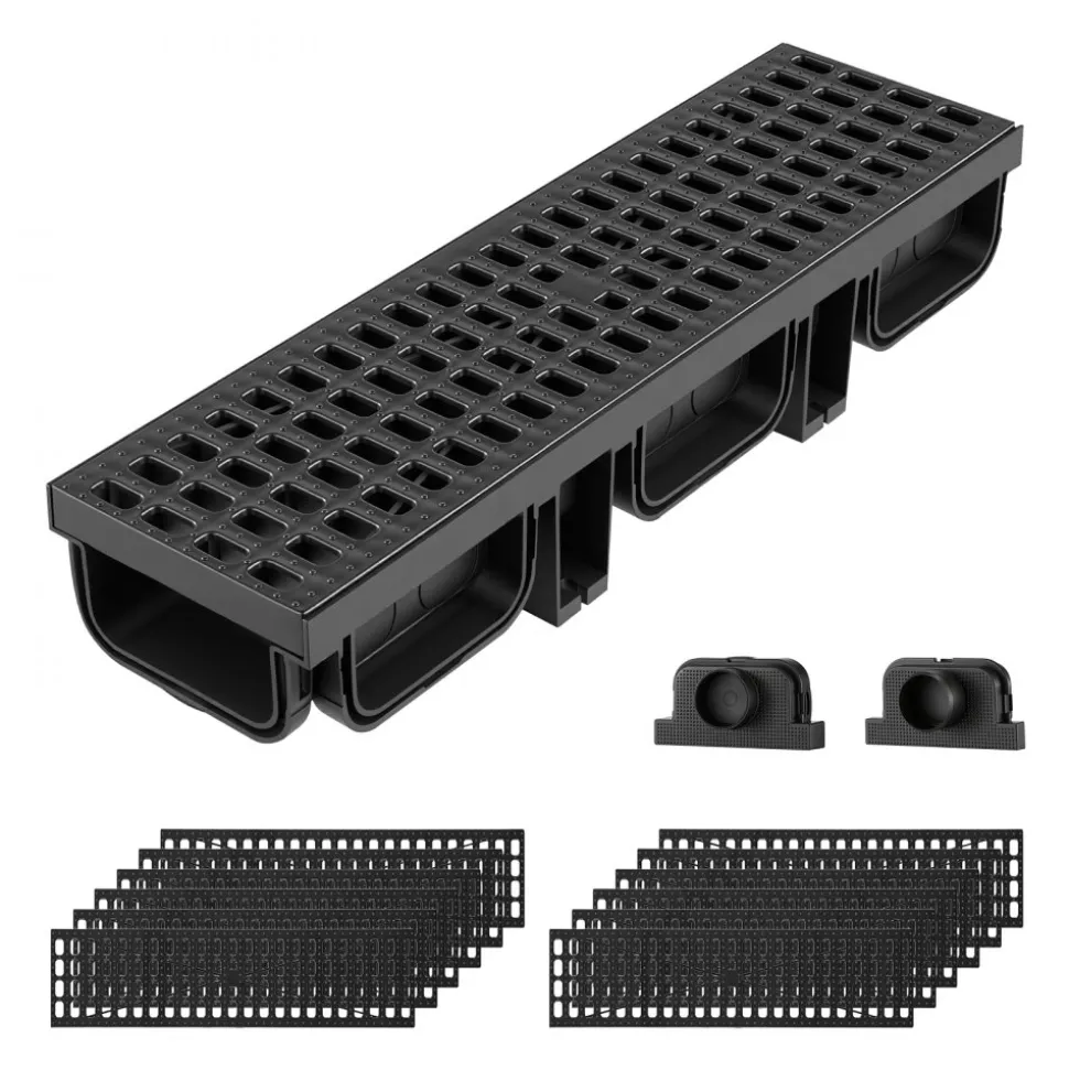 VEVOR Trench Drain, 20.1 x 5.5 x 3.5 in, 12 Pack Linear Drainage Channel, HDPE Channel Drain with Grates & End Caps, Premium Outdoor Drainage System for Driveway, Patio, Pool, Garden, Yard, Black