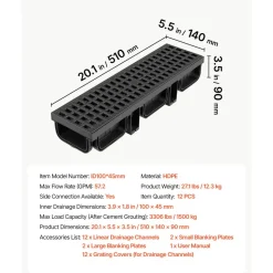 VEVOR Trench Drain, 20.1 x 5.5 x 3.5 in, 12 Pack Linear Drainage Channel, HDPE Channel Drain with Grates & End Caps, Premium Outdoor Drainage System for Driveway, Patio, Pool, Garden, Yard, Black
