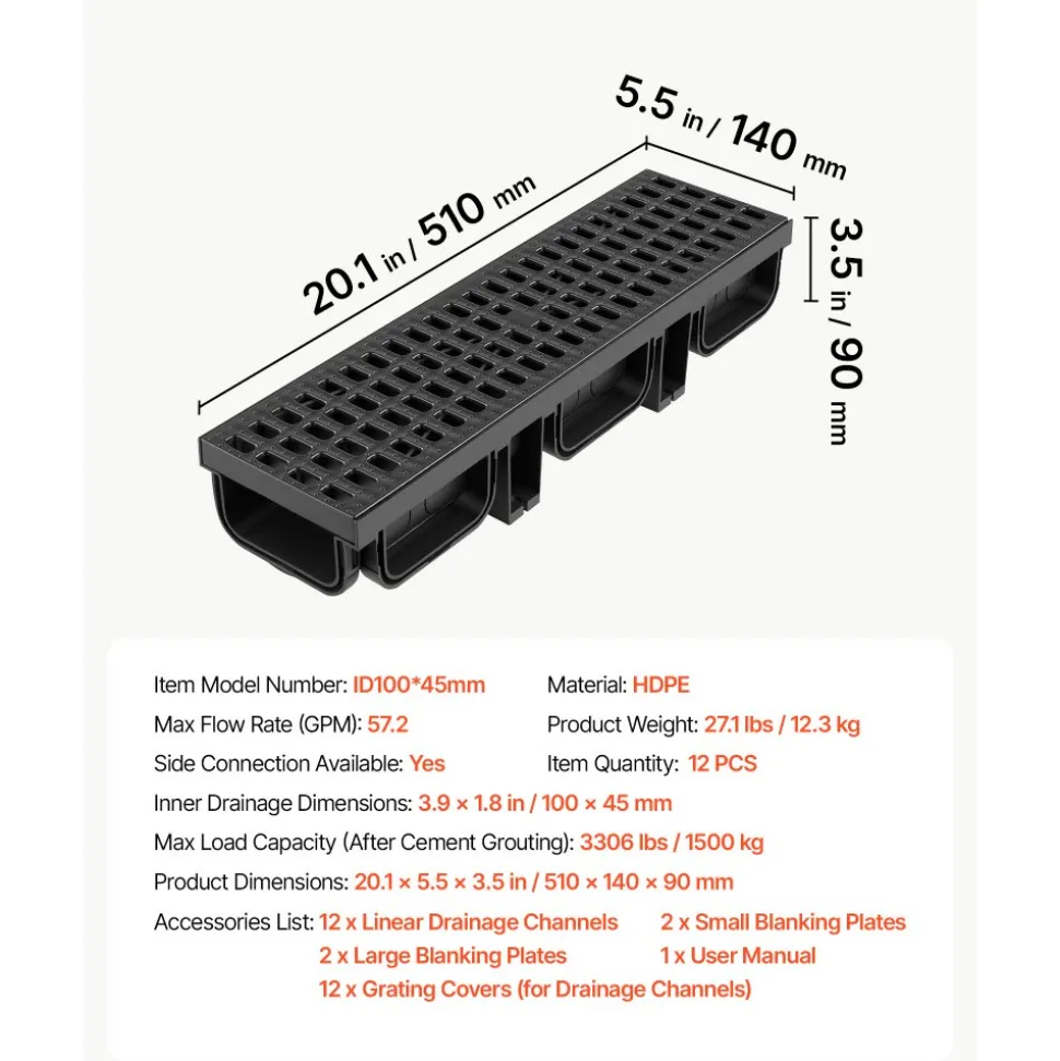 VEVOR Trench Drain, 20.1 x 5.5 x 3.5 in, 12 Pack Linear Drainage Channel, HDPE Channel Drain with Grates & End Caps, Premium Outdoor Drainage System for Driveway, Patio, Pool, Garden, Yard, Black