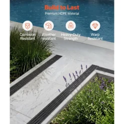 VEVOR Trench Drain, 20.1 x 5.5 x 3.5 in, 12 Pack Linear Drainage Channel, HDPE Channel Drain with Grates & End Caps, Premium Outdoor Drainage System for Driveway, Patio, Pool, Garden, Yard, Black