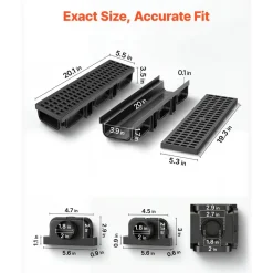 VEVOR Trench Drain, 20.1 x 5.5 x 3.5 in, 12 Pack Linear Drainage Channel, HDPE Channel Drain with Grates & End Caps, Premium Outdoor Drainage System for Driveway, Patio, Pool, Garden, Yard, Black