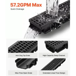 VEVOR Trench Drain, 20.1 x 5.5 x 3.5 in, 12 Pack Linear Drainage Channel, HDPE Channel Drain with Grates & End Caps, Premium Outdoor Drainage System for Driveway, Patio, Pool, Garden, Yard, Black