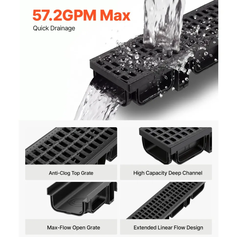 VEVOR Trench Drain, 20.1 x 5.5 x 3.5 in, 12 Pack Linear Drainage Channel, HDPE Channel Drain with Grates & End Caps, Premium Outdoor Drainage System for Driveway, Patio, Pool, Garden, Yard, Black