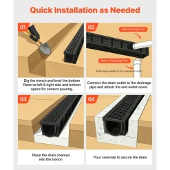 VEVOR Trench Drain, 40.2 x 6.6 x 5.5 in, 3 Pack Linear Drainage Channel, HDPE Channel Drain with Grates & End Caps, Premium Outdoor Drainage System for Driveway, Patio, Pool, Garden, Yard, Black